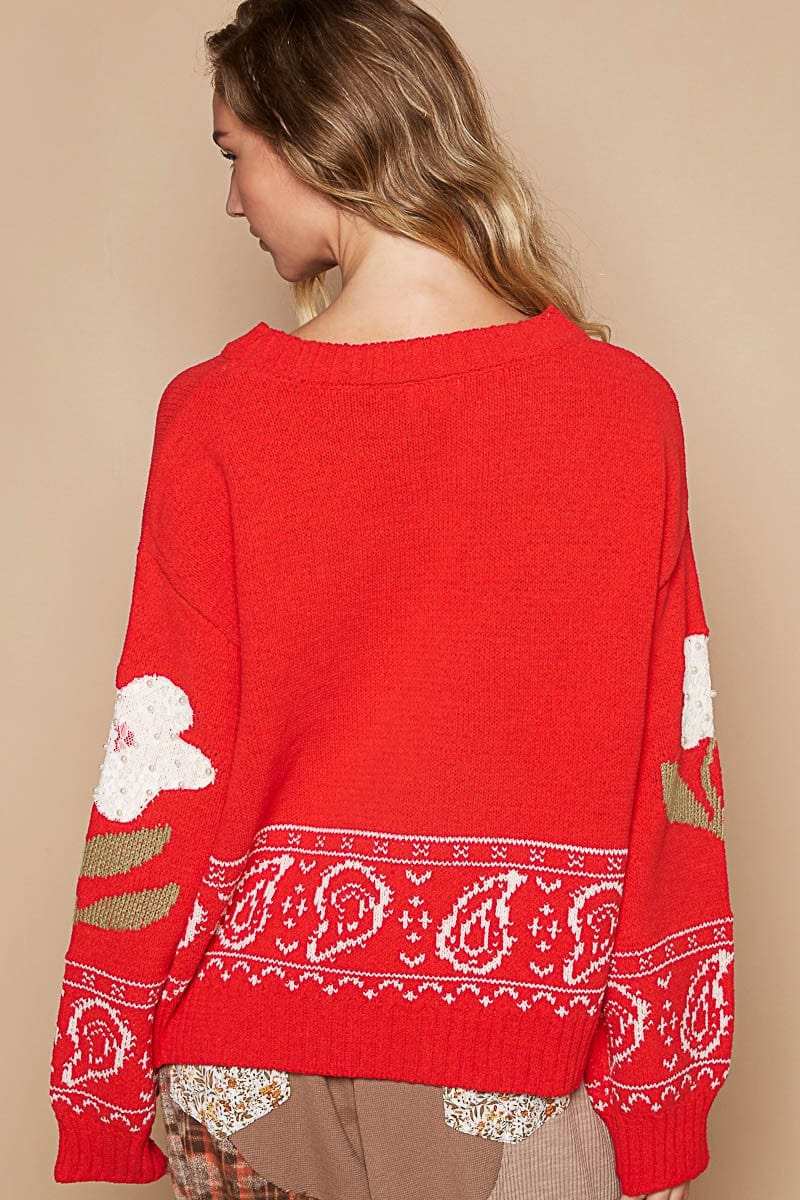 POL Flower Lace Patch Long Sleeve Sweater - Trendsi - Flyclothing LLC