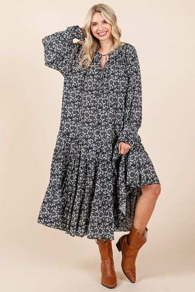 Mittoshop Printed Tie Neck Flounce Sleeve Midi Dress - Trendsi - Flyclothing LLC