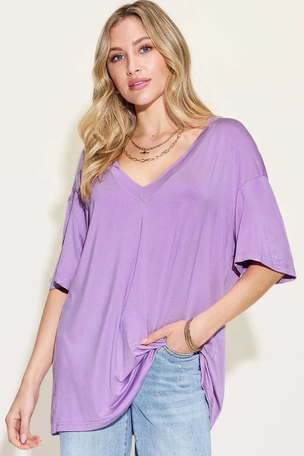 Basic Bae Full Size Bamboo V-Neck Drop Shoulder T-Shirt - Trendsi - Flyclothing LLC