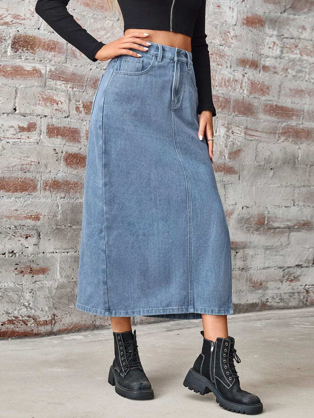 Slit High Waist Denim Skirt with Pockets - Trendsi - Flyclothing LLC