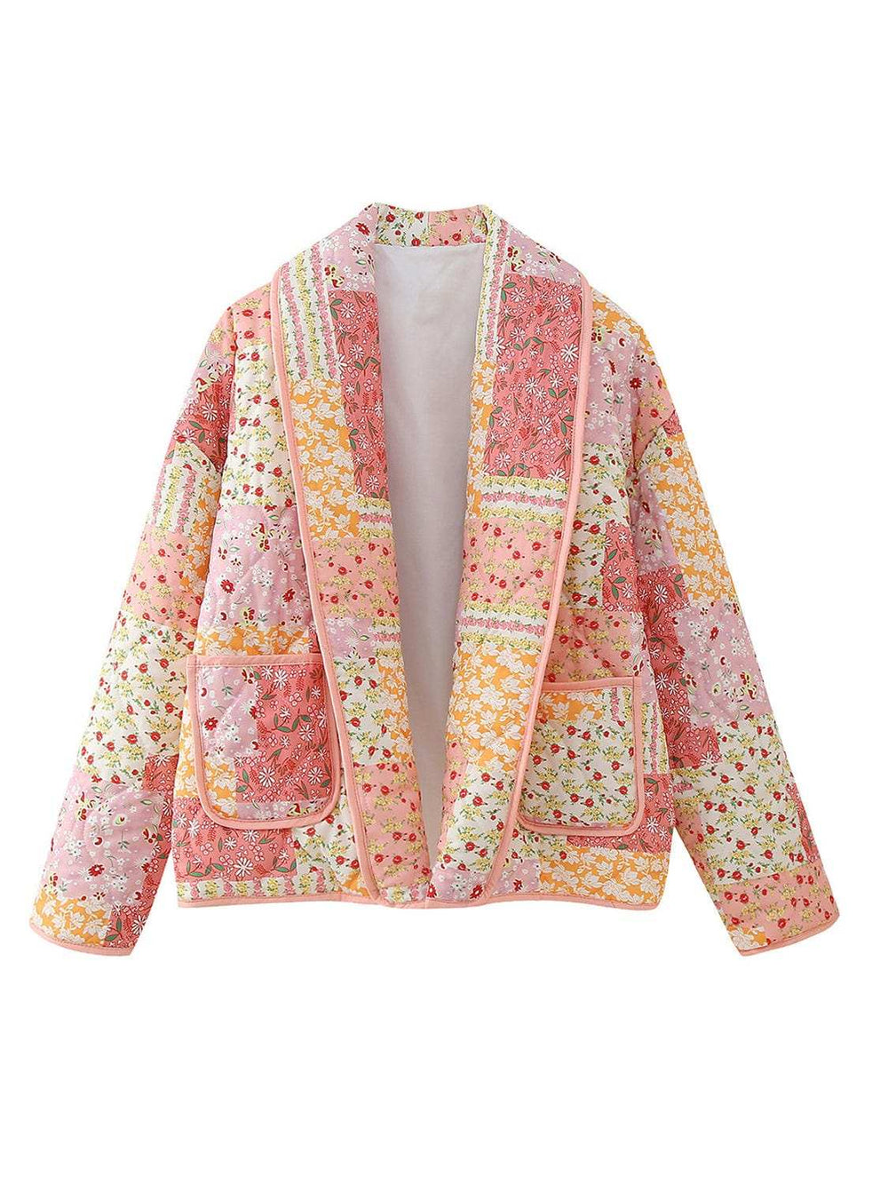 Printed Patchwork Open Front Cardigan with Pockets - Trendsi - Flyclothing LLC