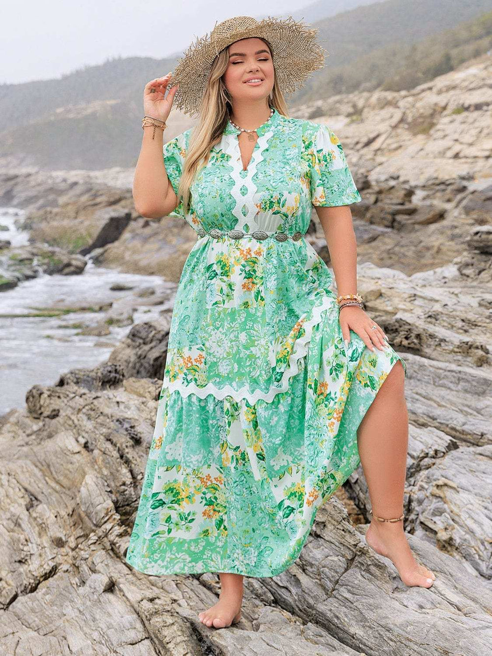 Plus Size Printed Notched Short Sleeve Maxi Dress - Trendsi - Flyclothing LLC