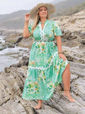 Plus Size Printed Notched Short Sleeve Maxi Dress - Trendsi - Flyclothing LLC