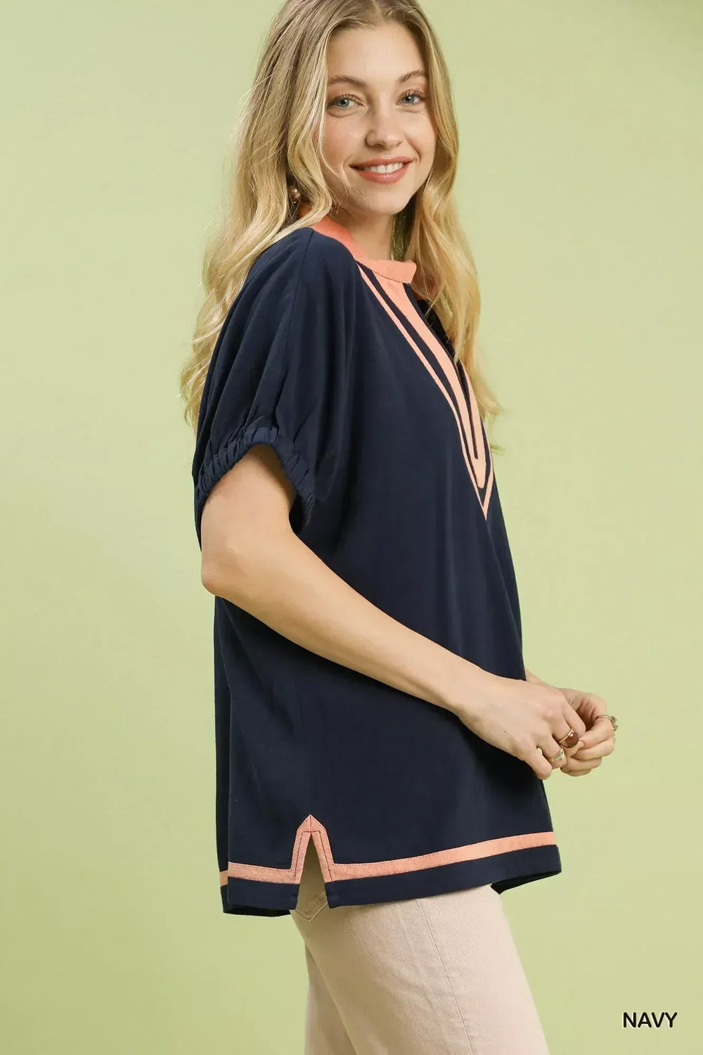 Umgee Linen Contrast Trim V-Neck Blouse - Trendsi - Flyclothing LLC