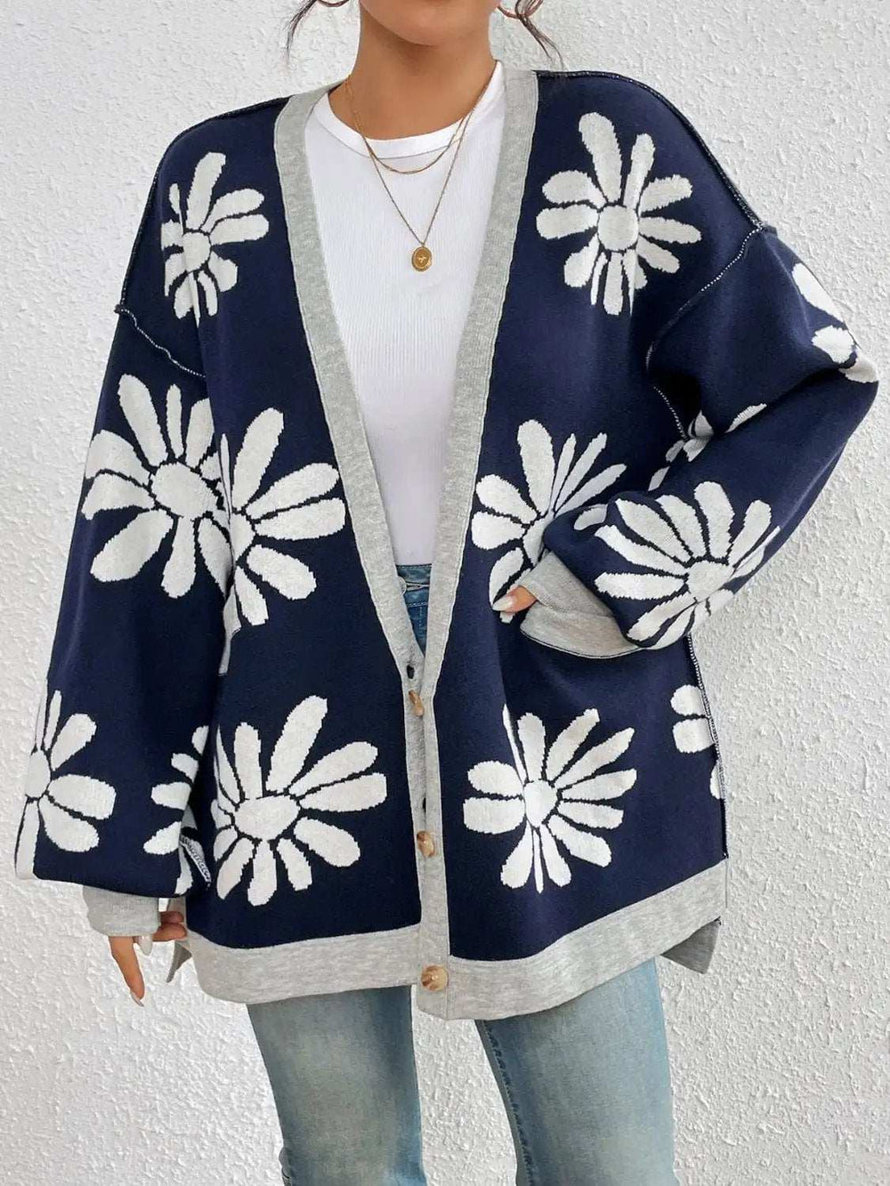 Contrast Dropped Shoulder Long Sleeve Cardigan - Trendsi - Flyclothing LLC