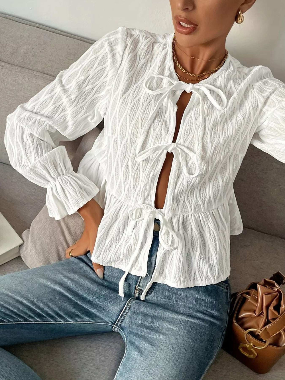 Tie Front Flounce Sleeve Blouse - Trendsi - Flyclothing LLC
