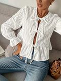 Tie Front Flounce Sleeve Blouse - Trendsi - Flyclothing LLC