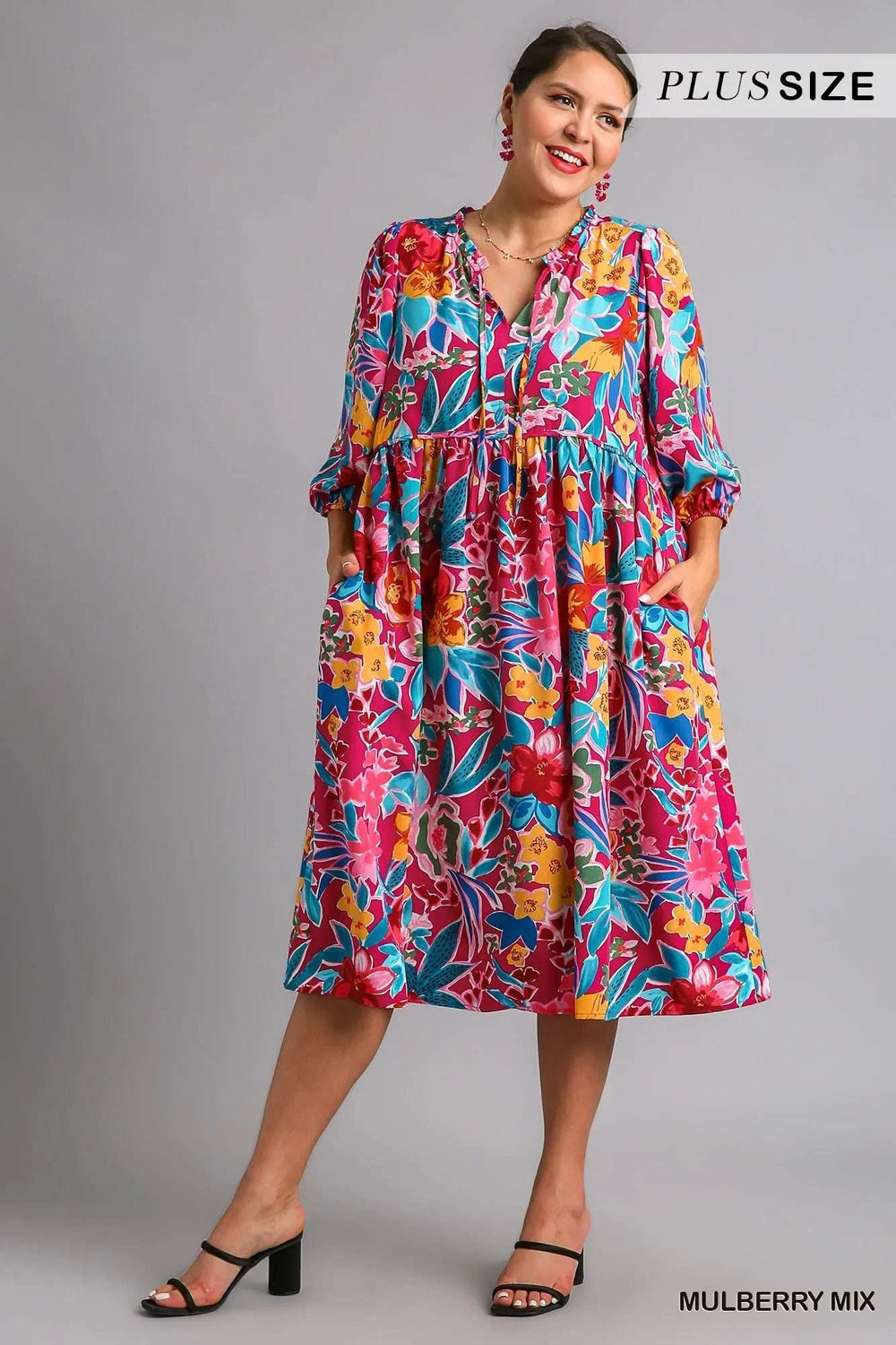 Umgee Full Size Floral Print Tie Neck Midi Dress with Pockets Plus Size - Trendsi - Flyclothing LLC