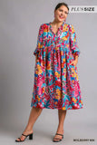 Umgee Full Size Floral Print Tie Neck Midi Dress with Pockets Plus Size - Trendsi - Flyclothing LLC