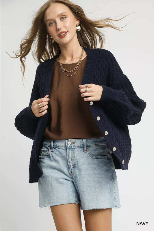 Umgee Cable Knit Pearl Button Cardigan - Trendsi - Flyclothing LLC