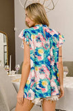 BiBi Floral Round Neck Ruffled Cap Sleeve Blouse - Trendsi - Flyclothing LLC