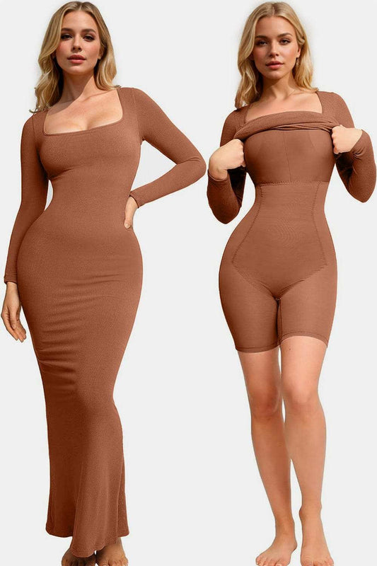 Basic Bae Built-In Shapewear Square Neck Long Sleeve Maxi Dress - Trendsi - Flyclothing LLC