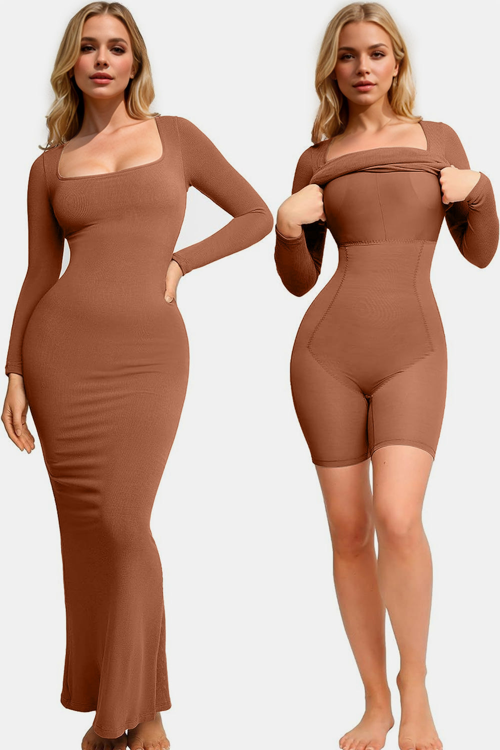 Basic Bae Built-In Shapewear Square Neck Long Sleeve Maxi Dress - ShopBasicbae - Flyclothing LLC