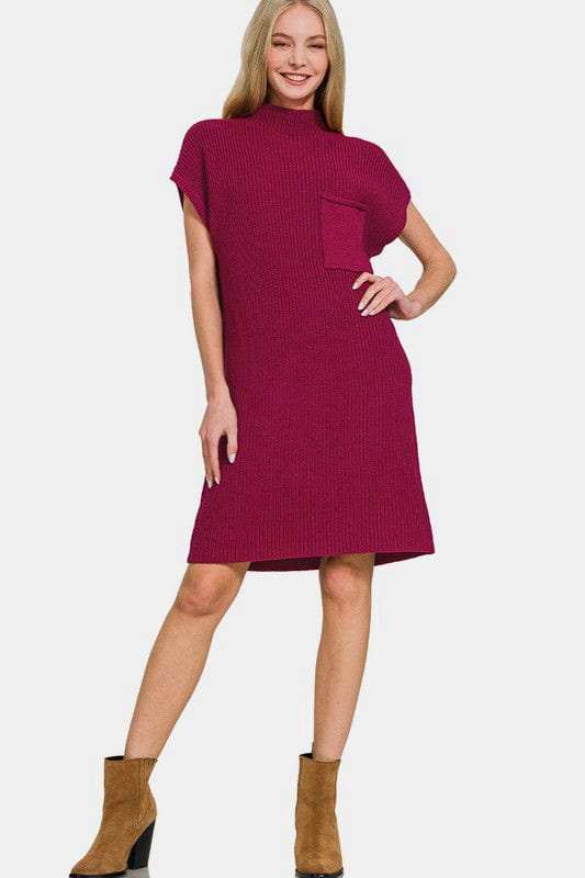 Zenana Mock Neck Short Sleeve Sweater Dress - Trendsi - Flyclothing LLC