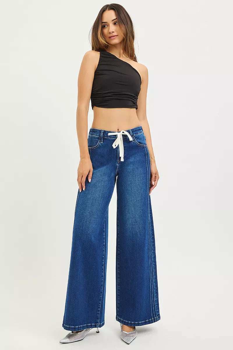 RISEN Full Size Mid Rise Wide Side Pintuck Jeans with Front Drawstring Plus Size - Trendsi - Flyclothing LLC