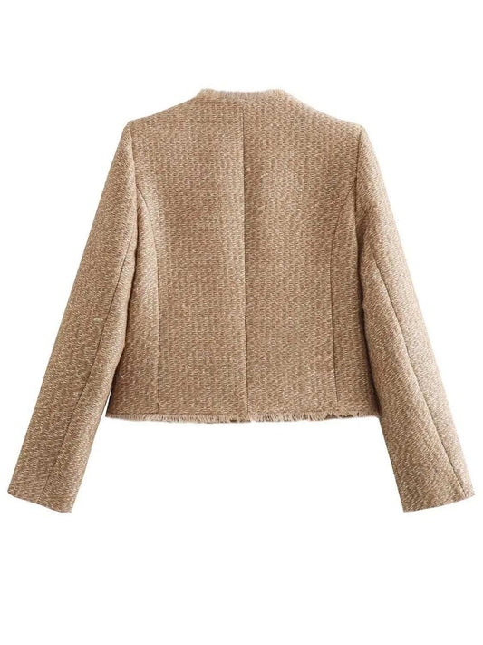 Raw Hem Pocketed Round Neck Jacket - Trendsi - Flyclothing LLC