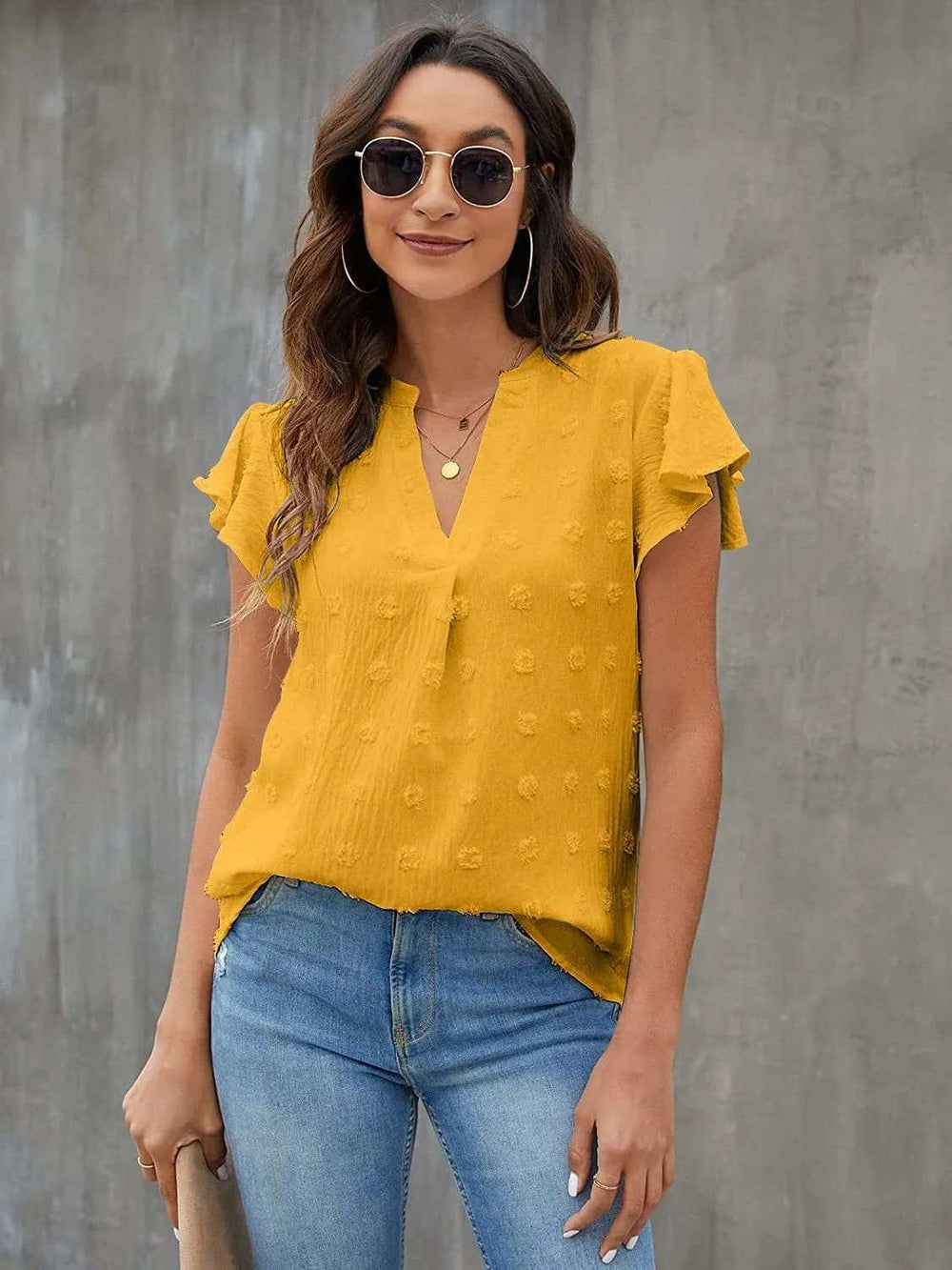 Swiss Dot Notched Flutter Sleeve Blouse - Trendsi - Flyclothing LLC