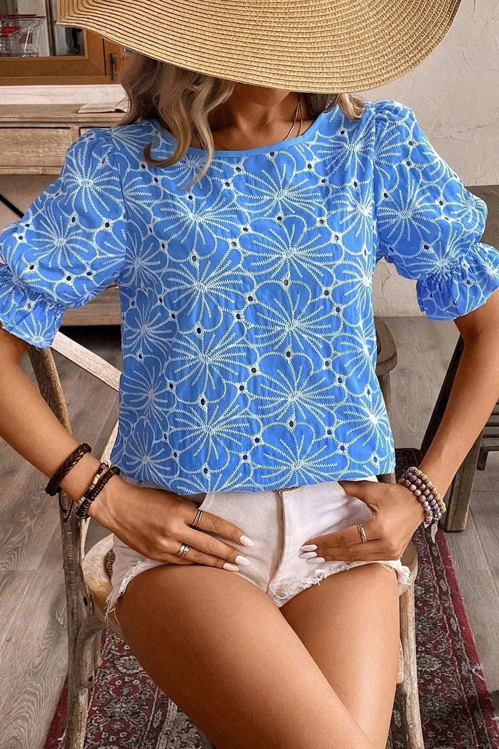 Eyelet Flower Embroidery Flounce Sleeve Blouse - Trendsi - Flyclothing LLC