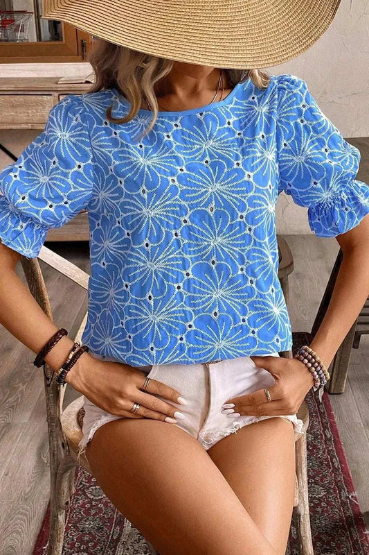 Eyelet Flower Embroidery Flounce Sleeve Blouse - Trendsi - Flyclothing LLC