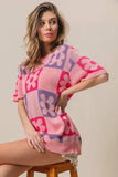 BiBi Flower Checker Pattern Short Sleeve Sweater - Trendsi - Flyclothing LLC