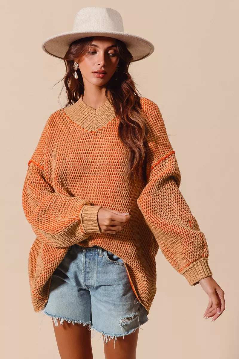 SO ME Oversized Two Tone Textured V Neck Sweater - Trendsi - Flyclothing LLC