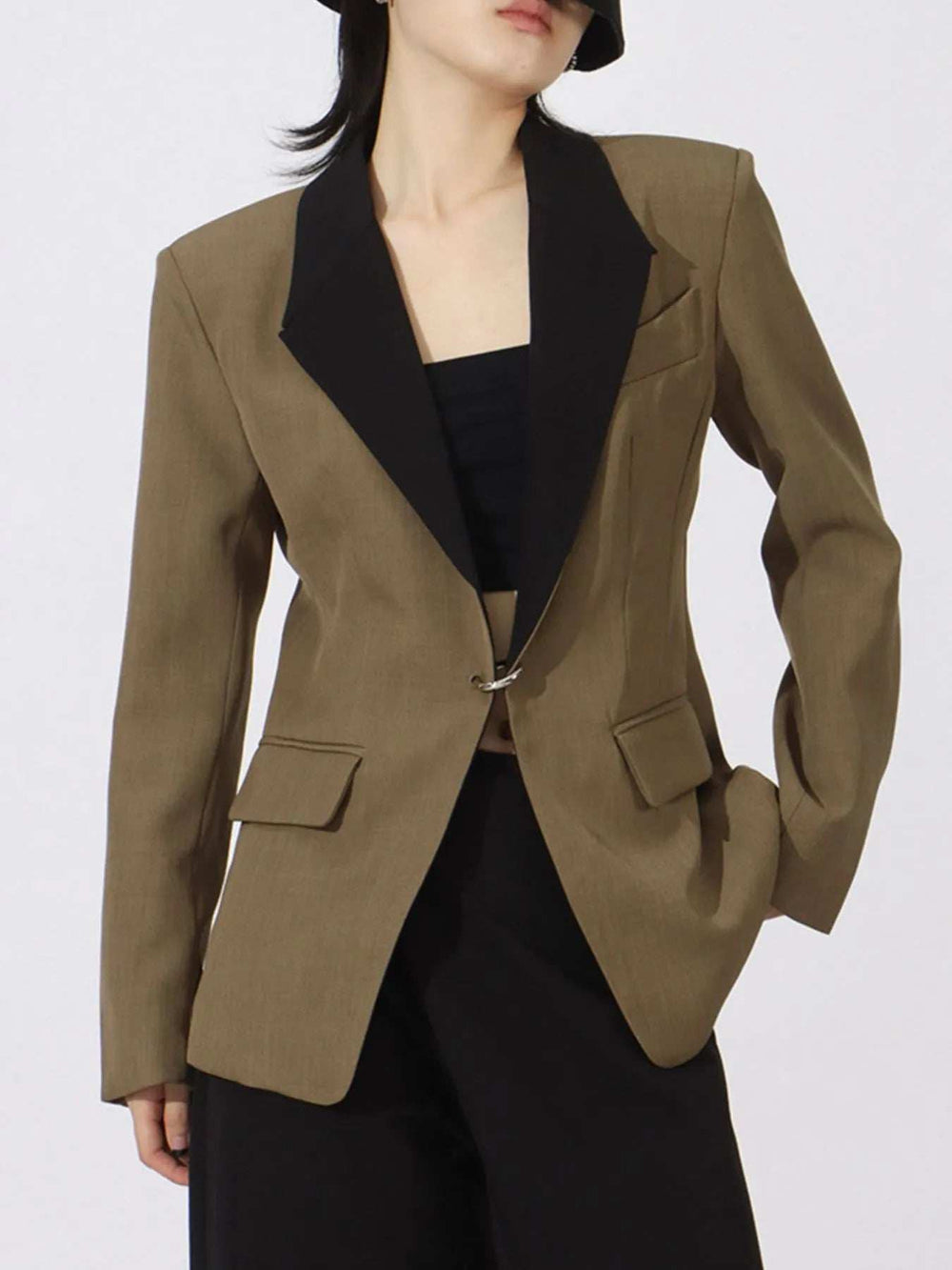 Contrast Lapel Collar Long Sleeve Blazer - Trendsi - Flyclothing LLC