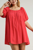 Umgee Full Size Squared Neck Puff Sleeve Mini Dress Plus Size - Trendsi - Flyclothing LLC