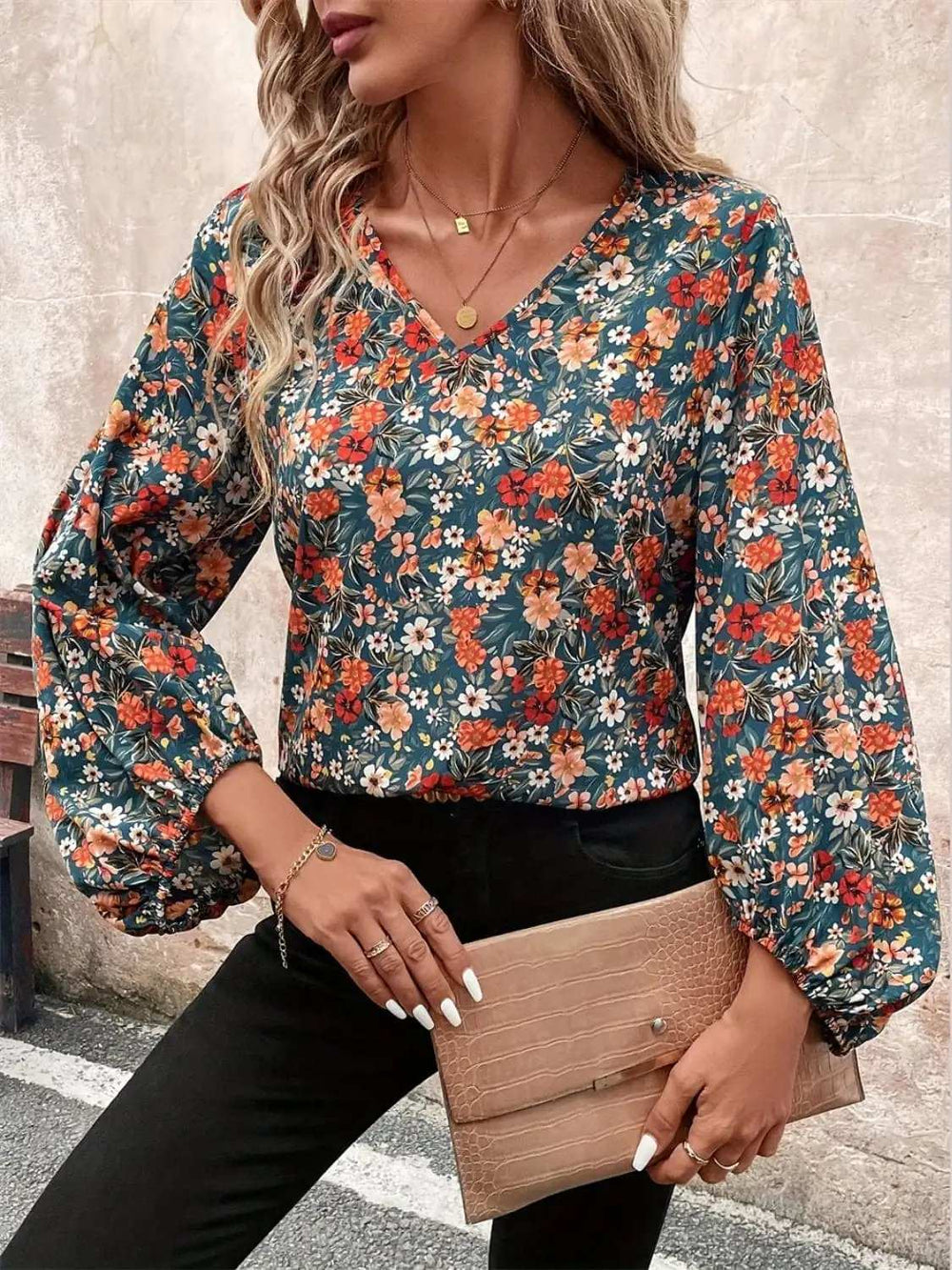 Printed V-Neck Balloon Sleeve Blouse - Trendsi - Flyclothing LLC