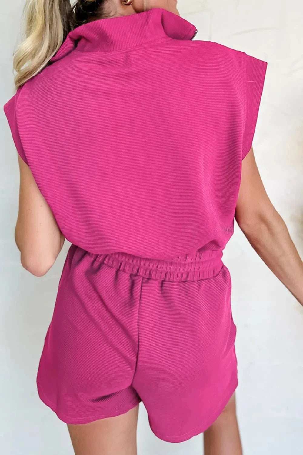 Textured Short Sleeve Half Zip Drawstring Waist Romper - Trendsi - Flyclothing LLC