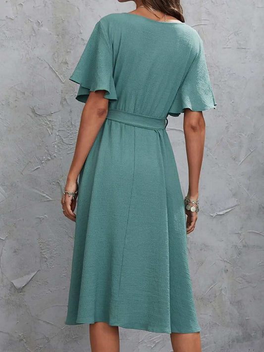 Surplice Flutter Sleeve Midi Dress - Trendsi - Flyclothing LLC
