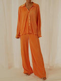 Collared Neck Long Sleeve Top and Pants Lounge Set - Trendsi - Flyclothing LLC