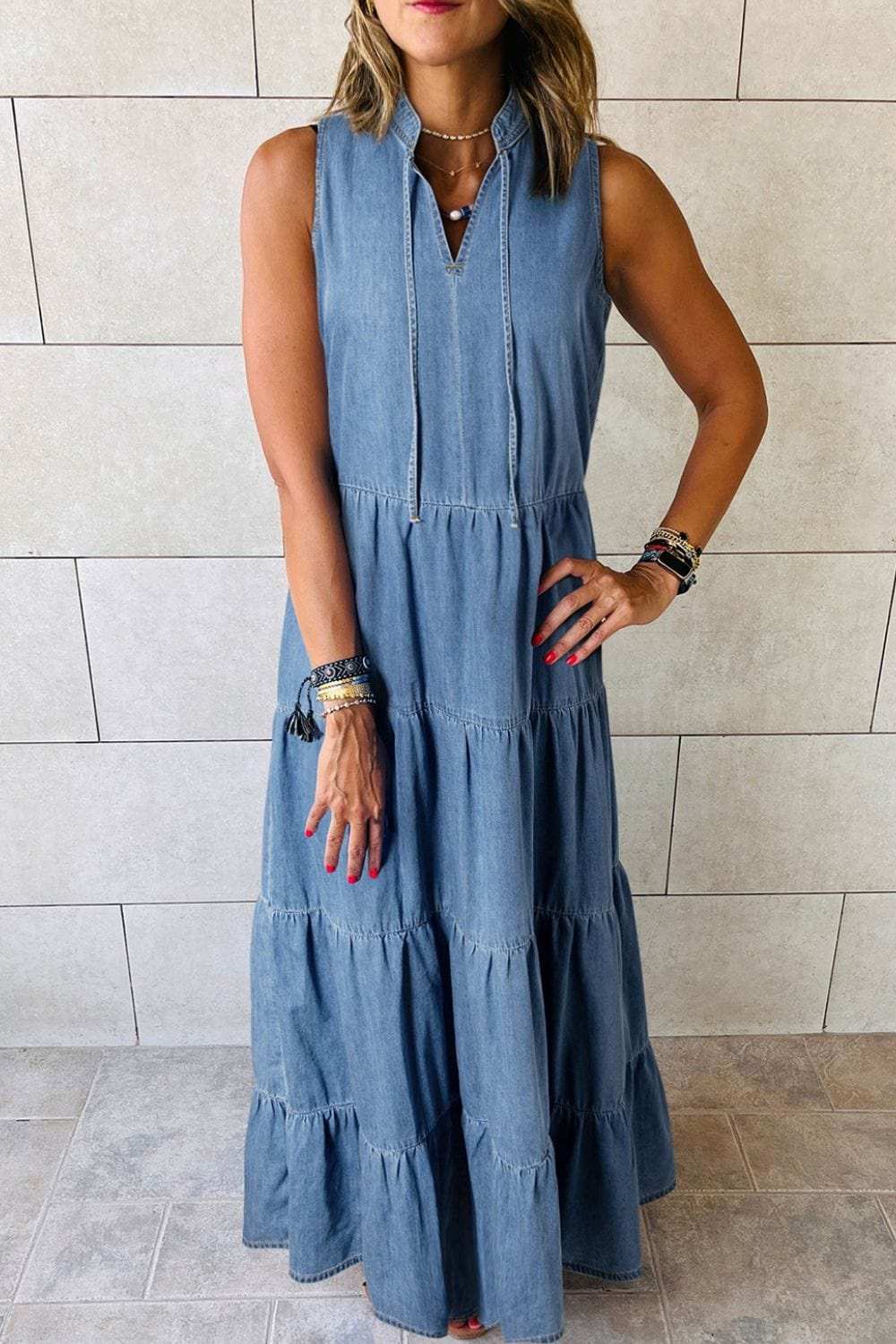 Tie Neck Tiered Maxi Denim Dress - Trendsi - Flyclothing LLC