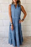 Tie Neck Tiered Maxi Denim Dress - Trendsi - Flyclothing LLC