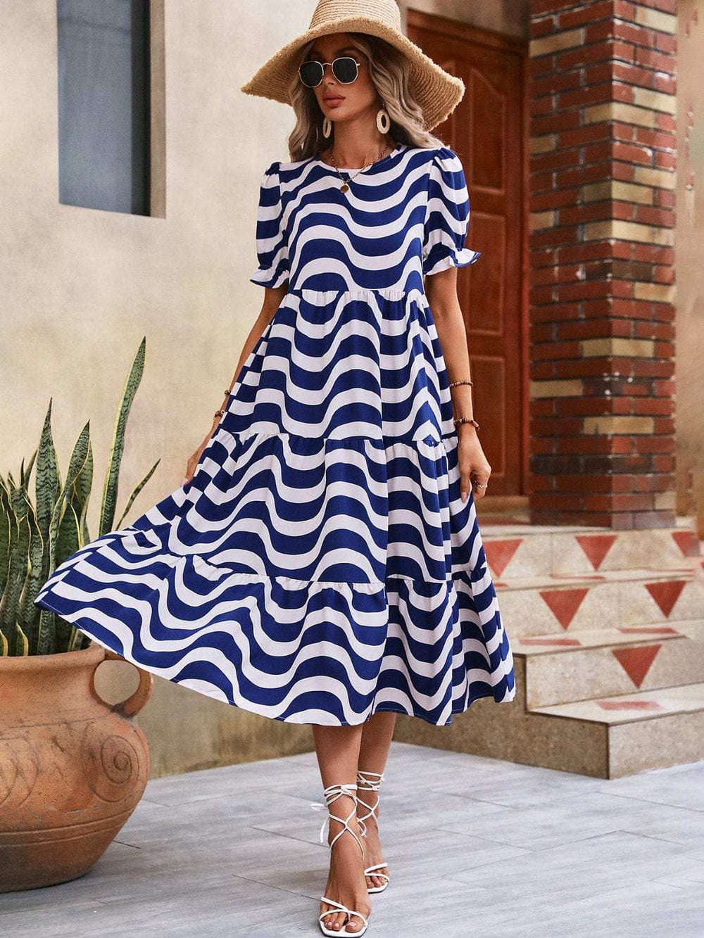 Wavy Striped Round Neck Short Sleeve Dress - Trendsi - Flyclothing LLC