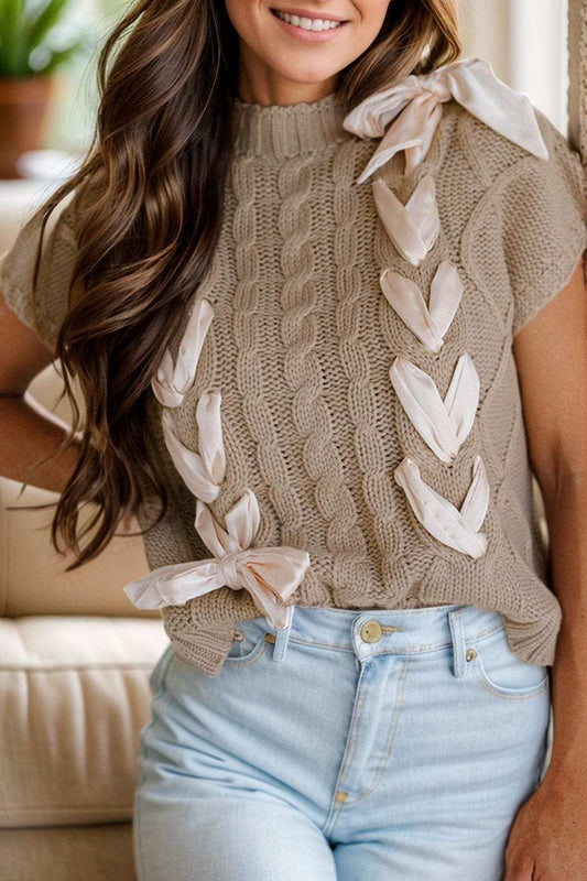 Cable-Knit Tied Mock Neck Short Sleeve Sweater - Trendsi - Flyclothing LLC