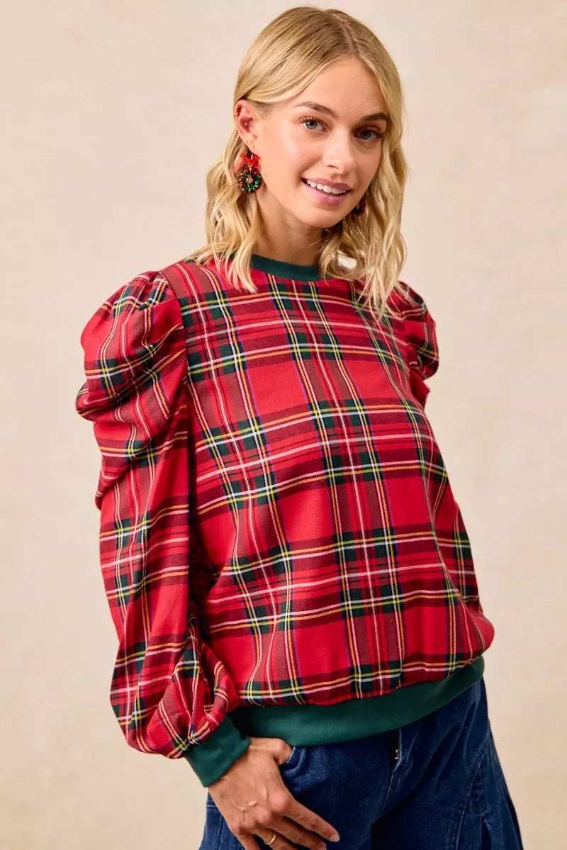 BiBi Christmas Plaid Exaggerated Shoulder Sleeves Top - Trendsi - Flyclothing LLC