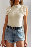 Ruffle Flutter Sleeve Mock Neck Ribbed Top - Trendsi - Flyclothing LLC
