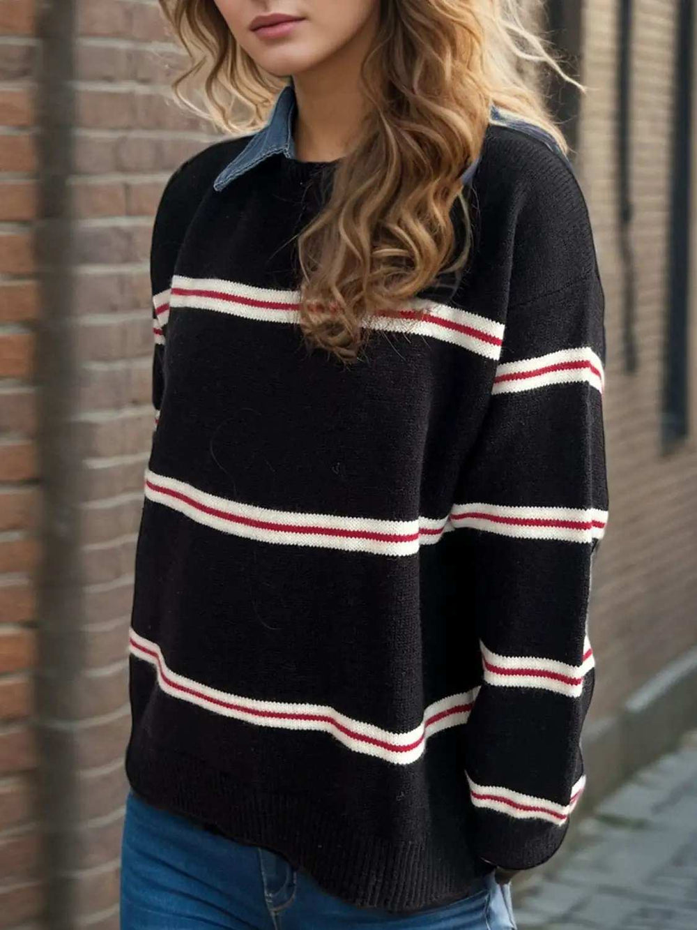 Contrast Stripes Round Neck Long Sleeve Sweater - Trendsi - Flyclothing LLC