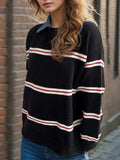 Contrast Stripes Round Neck Long Sleeve Sweater - Trendsi - Flyclothing LLC