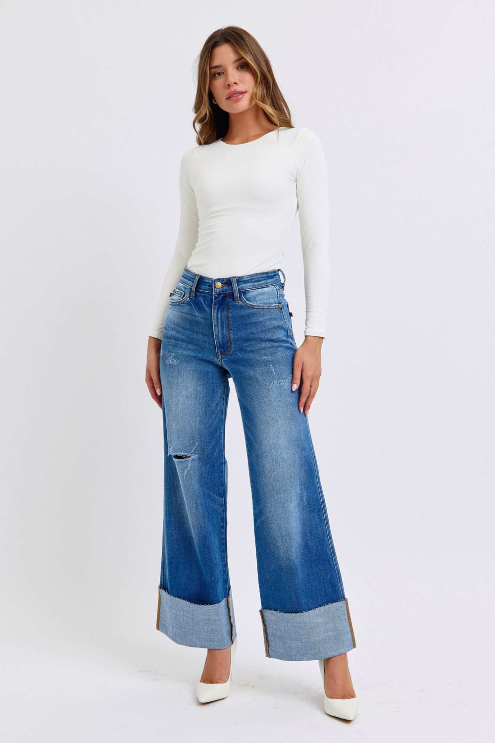 Judy Blue Full Size Distressed High Waist Wide Leg Jeans - Trendsi - Flyclothing LLC