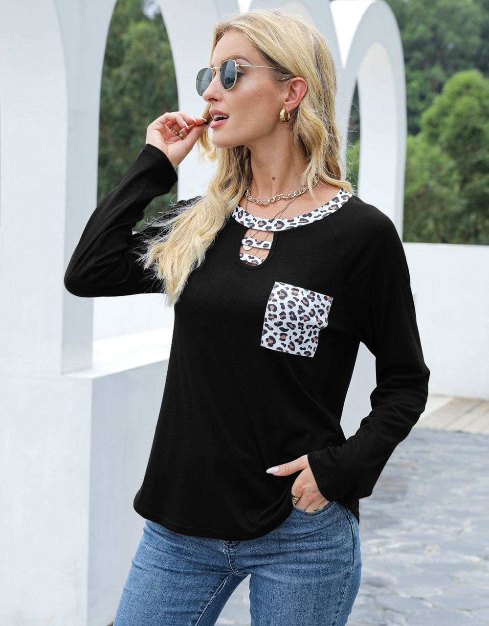 Cutout Leopard Round Neck Long Sleeve T-Shirt - Trendsi - Flyclothing LLC