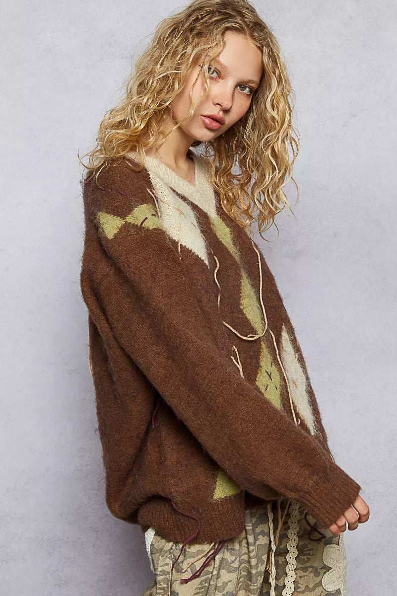 POL V-Neck Argyle Pattern Mohair Sweater with Contrast Exposed Stitch Detail - Trendsi - Flyclothing LLC