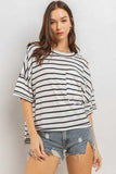Ces Femme Side Slit Striped Round Neck Half Sleeve T-Shirt - Trendsi - Flyclothing LLC