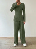 Ribbed V-Neck Long Sleeve Top and Pocketed Pants Set - Trendsi - Flyclothing LLC