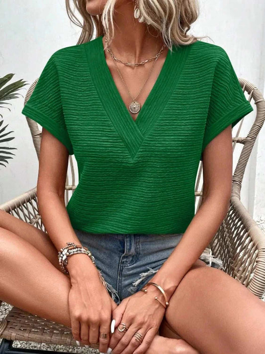Textured Solid Color Short Sleeve Top - Trendsi - Flyclothing LLC