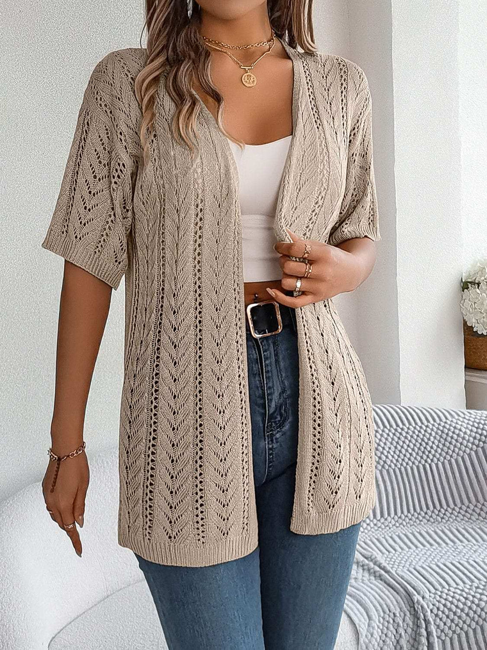 Openwork Open Front Half Sleeve Cardigan - Trendsi - Flyclothing LLC
