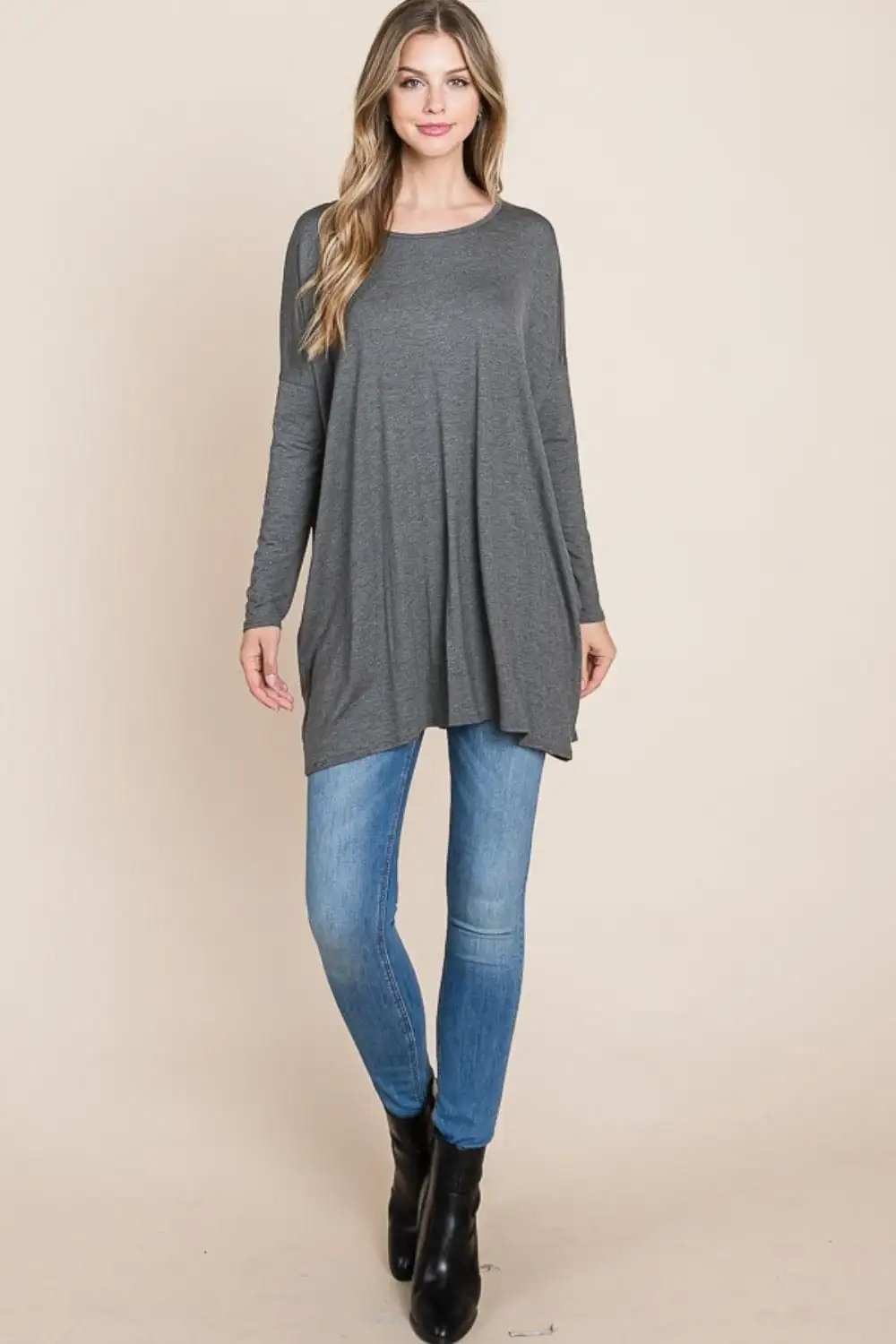 BOMBOM Round Neck Long Sleeve Oversized Top - Trendsi - Flyclothing LLC