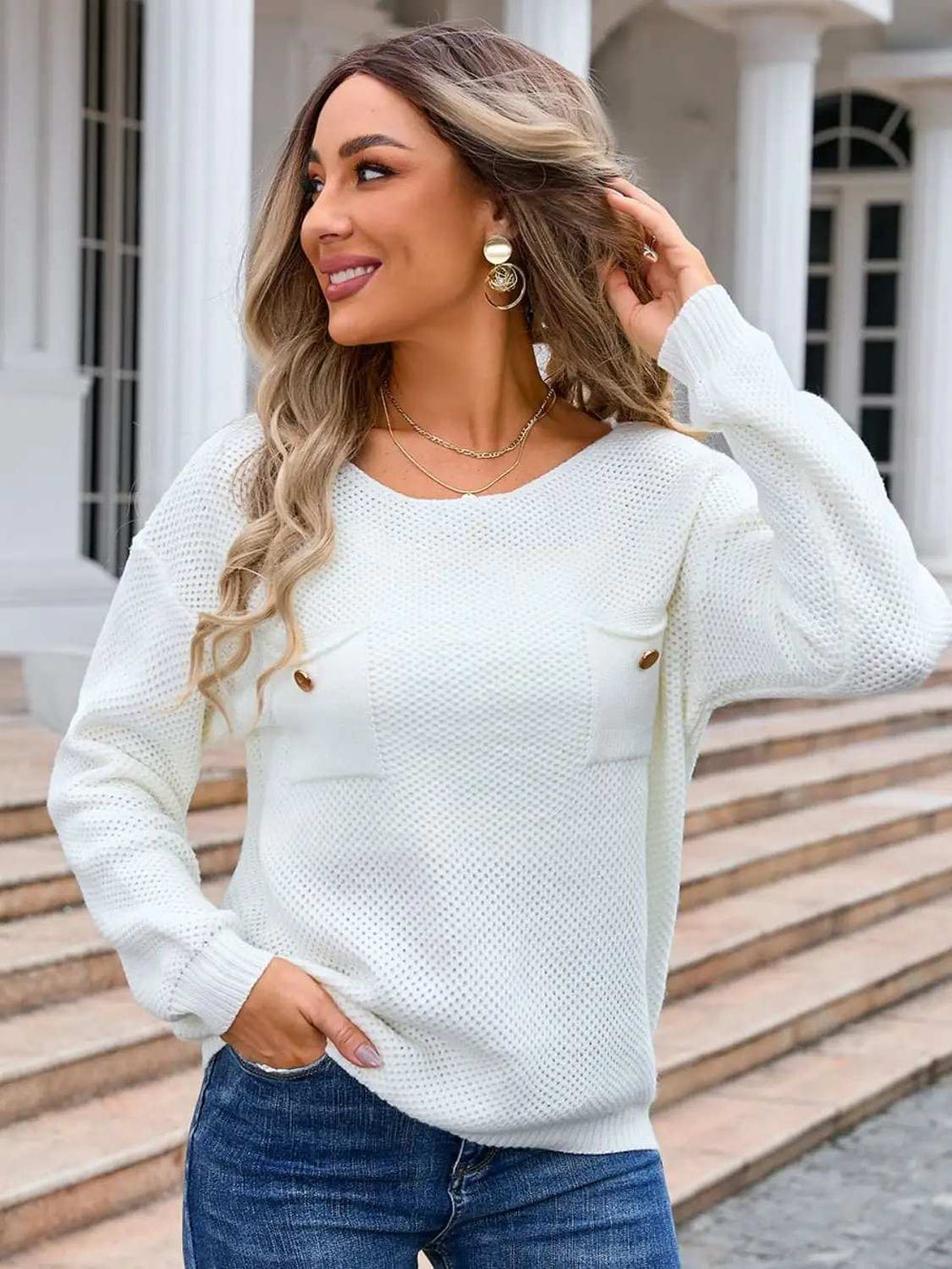 Decor Button Drop Shoulder Knit Top - Trendsi - Flyclothing LLC