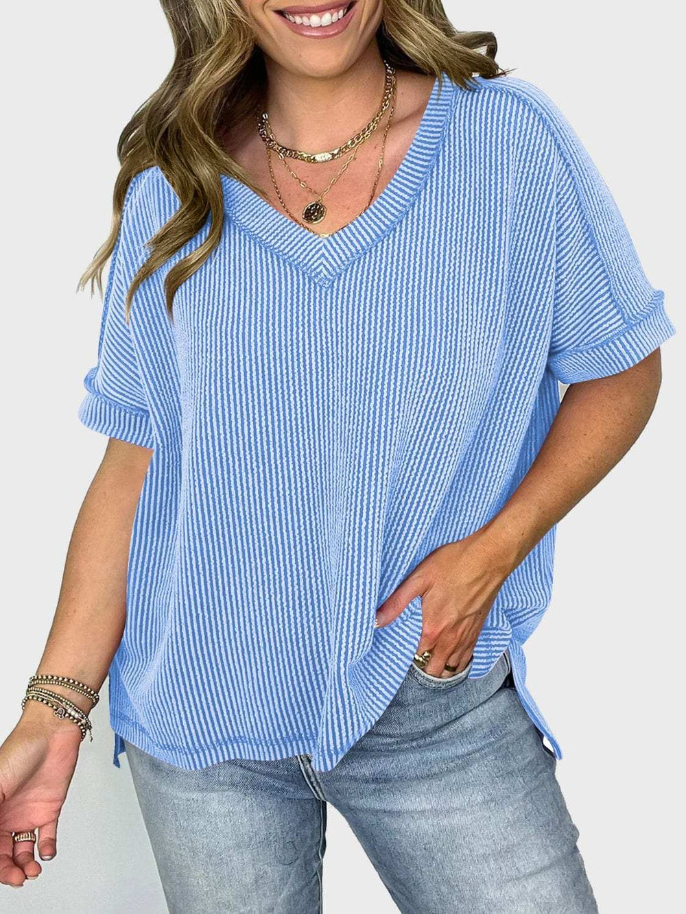 Lovelet Texture V-Neck Half Sleeve T-Shirt - Trendsi - Flyclothing LLC