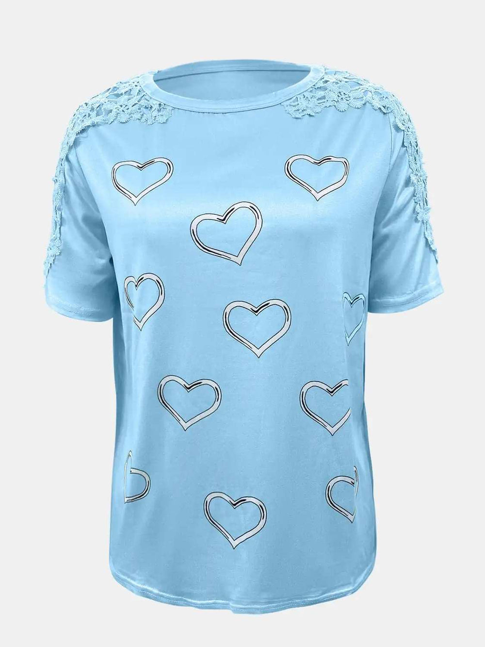 Full Size Lace Detail Heart Round Neck Short Sleeve Top - Trendsi - Flyclothing LLC